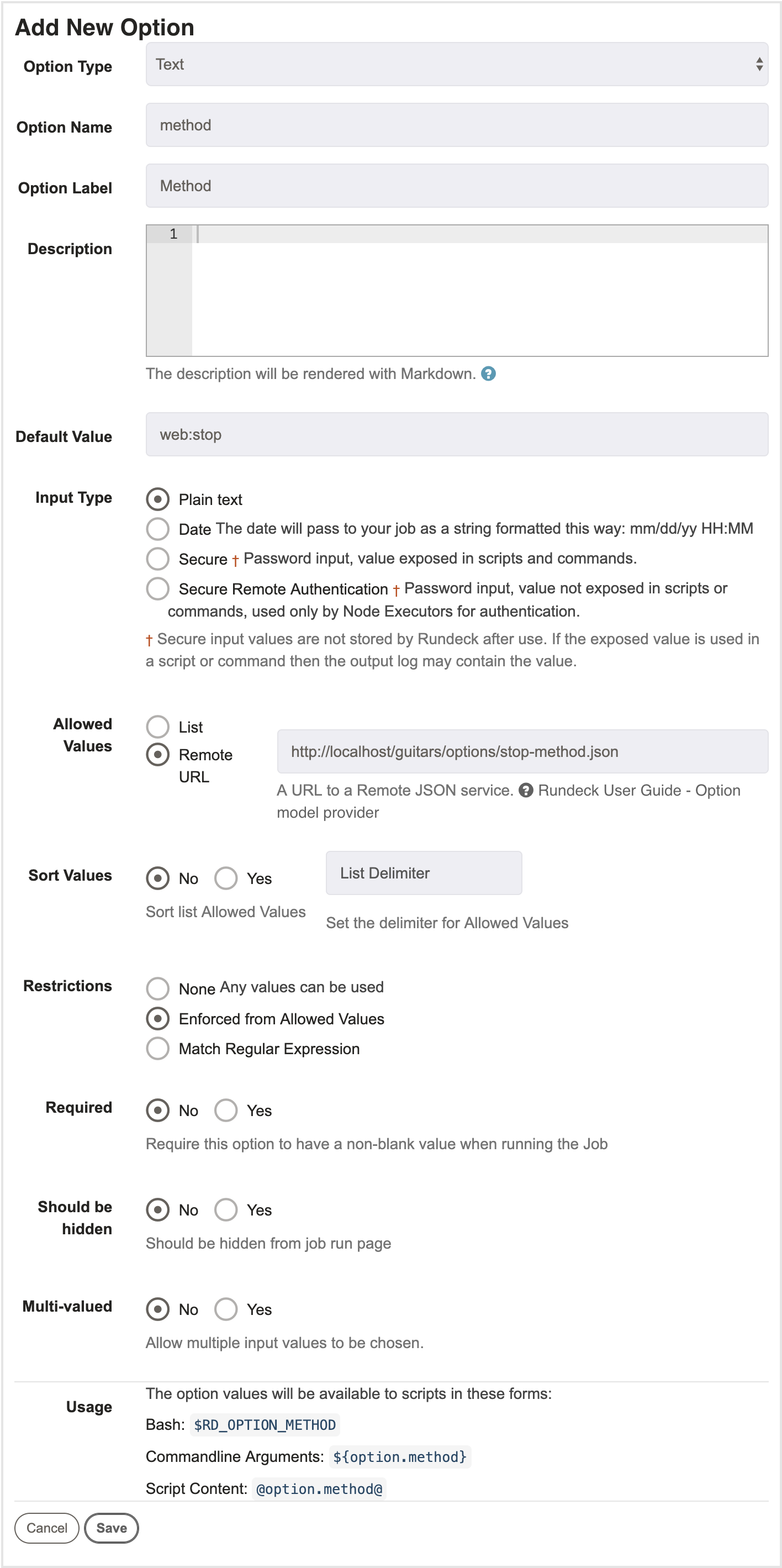 Option editor for method