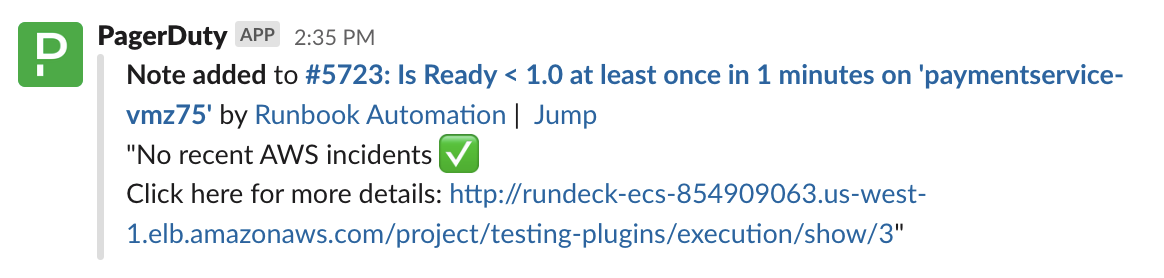 Output in PagerDuty Slack App