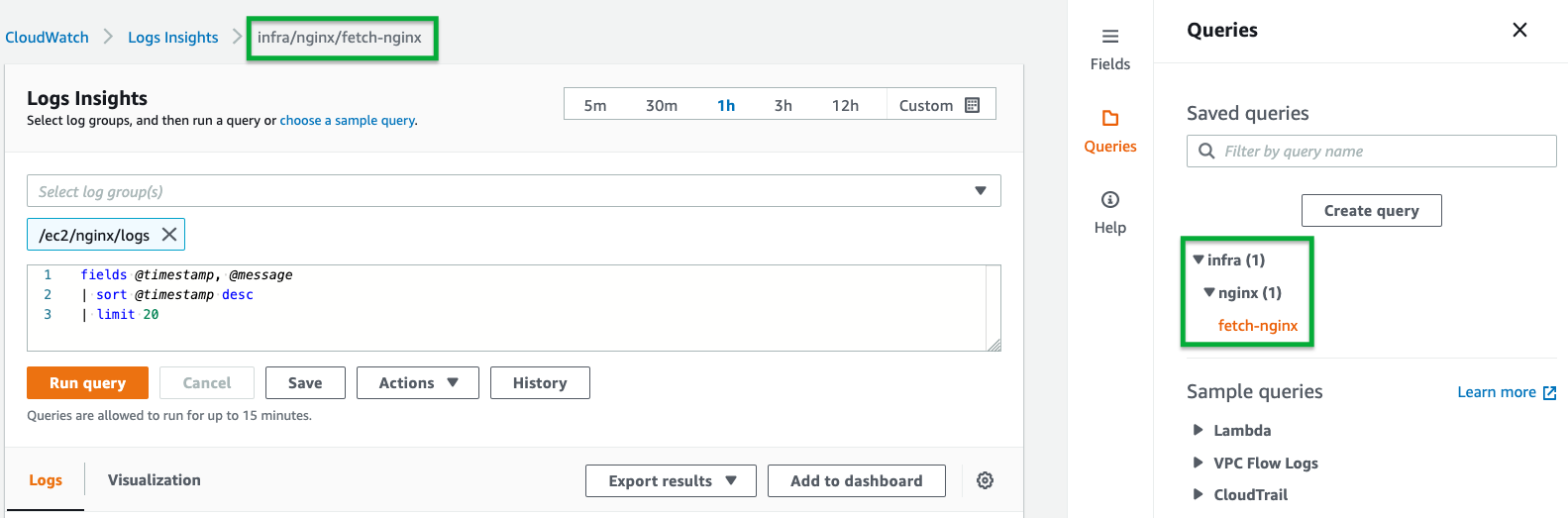 Example: The saved query fetch-nginx resides in the infra/nginx folder path