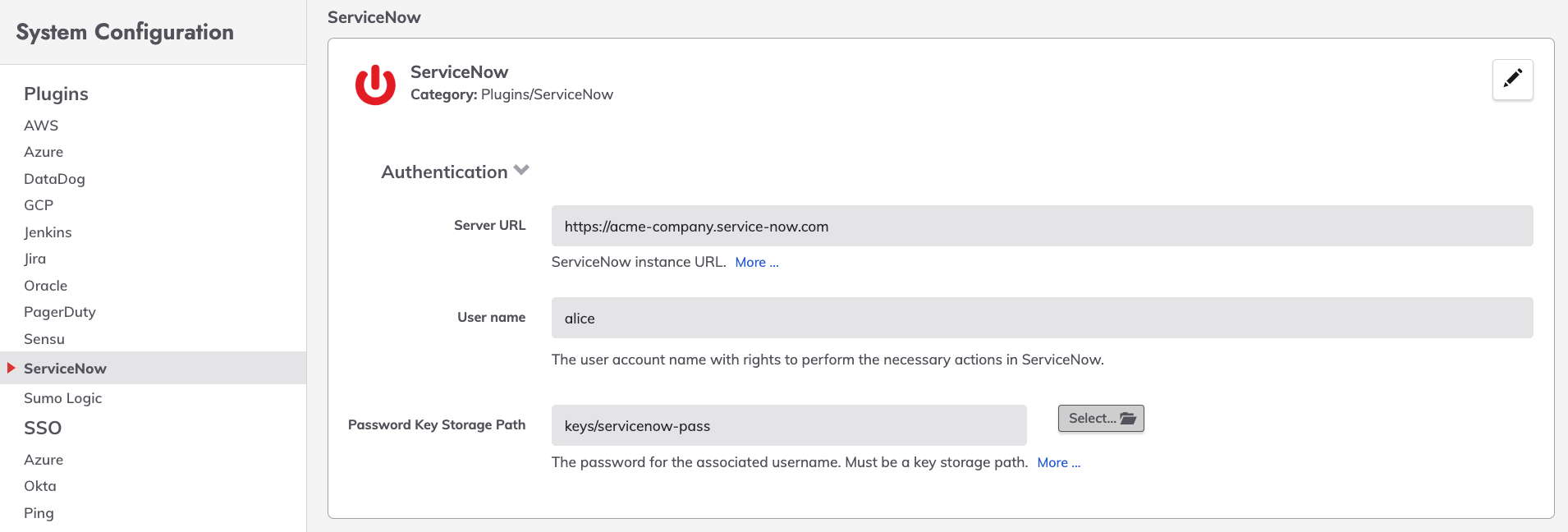 ServiceNow Plugin Config