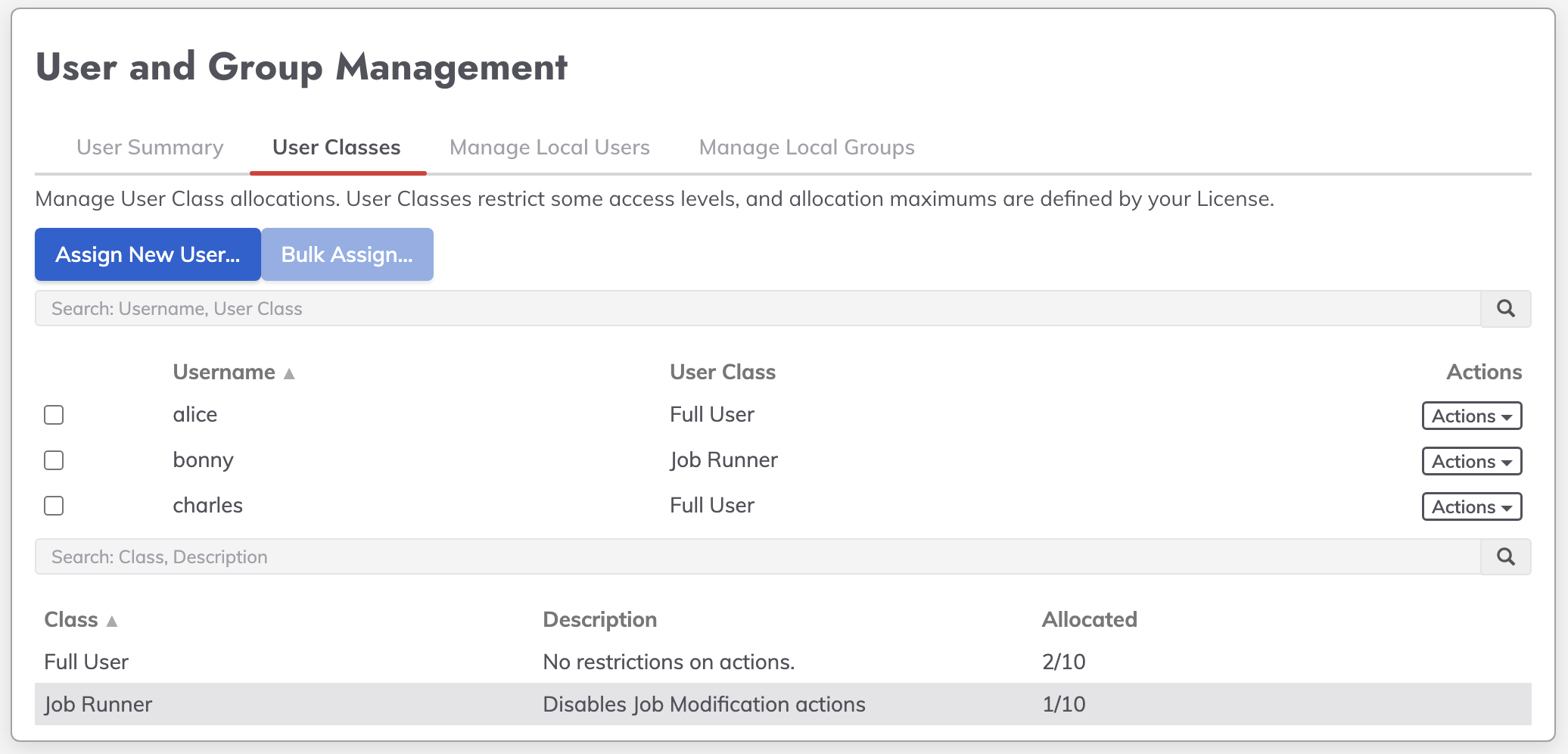 User Class Screen