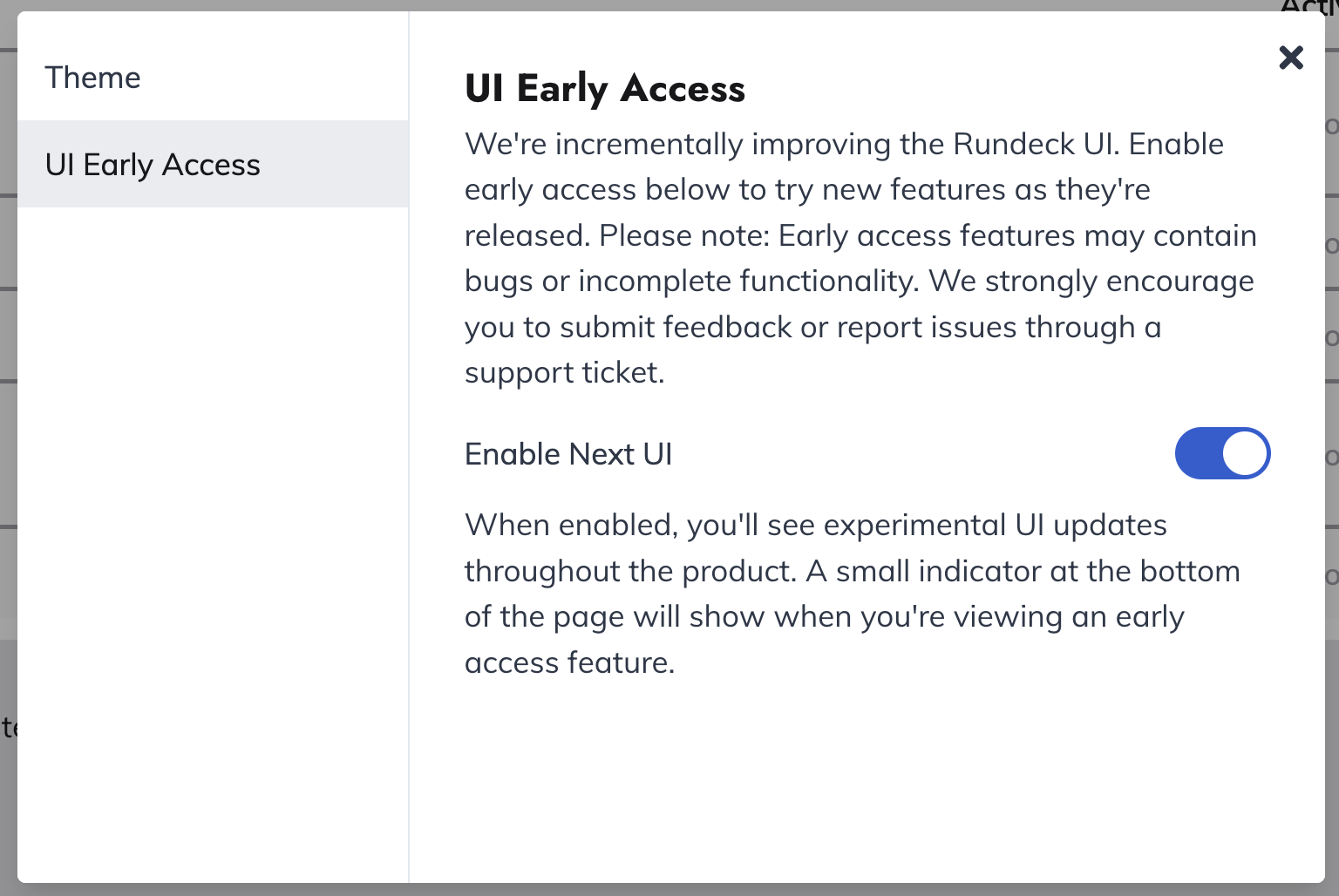 UI Early Access panel with Enable Next UI toggle